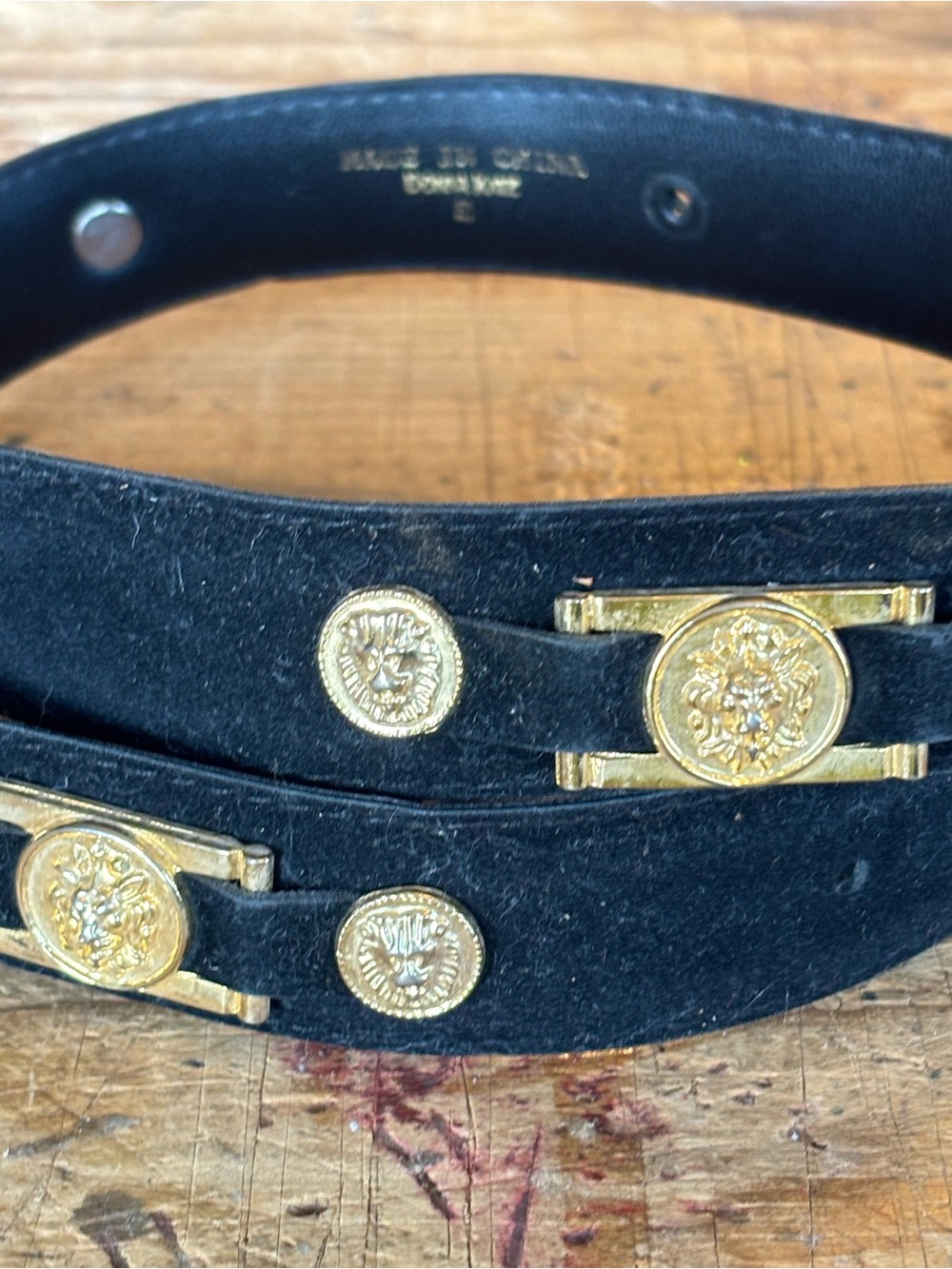 VTG Donna Katz Black Belt S velvet on black leather gold coins lions glam retro